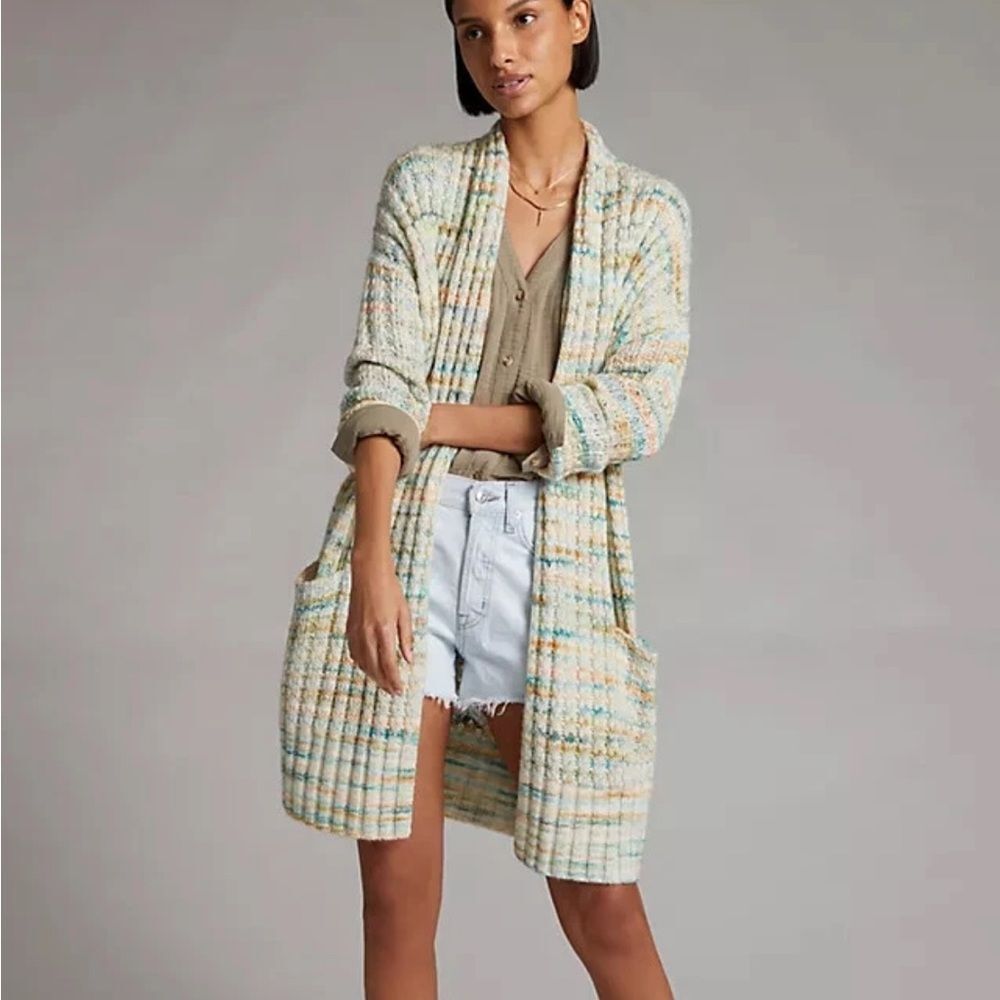 Anthropologie Space Dyed Longline Boho Cardigan Blue Green SZ M